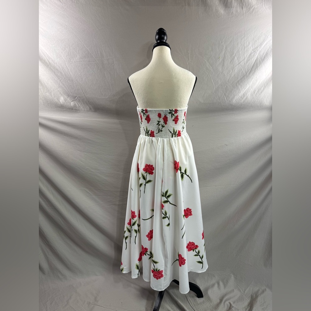 A-Line Floral Rose Printed Strapless Dress With Pockets White - Picture 9 of 9